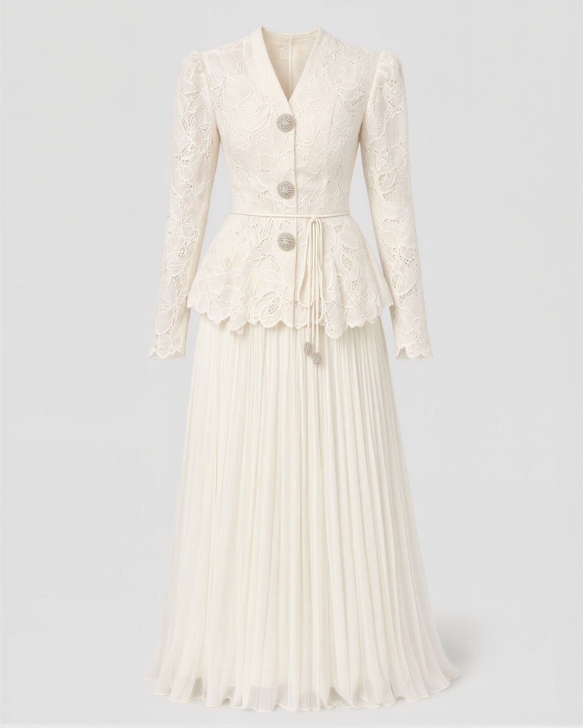 Isolde Guipure Peplum Jacket and Plisse Skirt Set, ecru, product view without a model