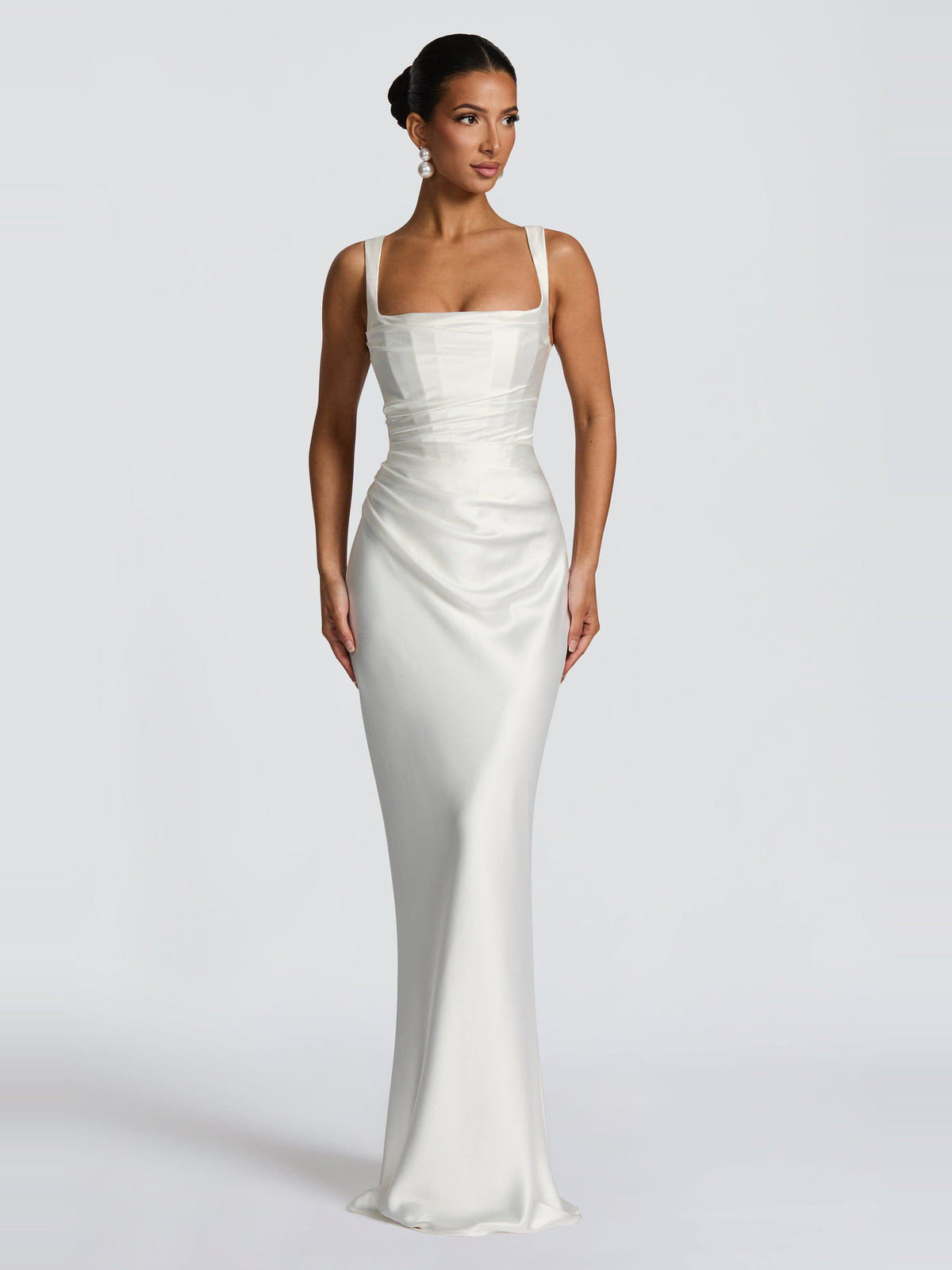 Livia Square Neck Corset Satin Maxi Dress in White — Svelte Chic