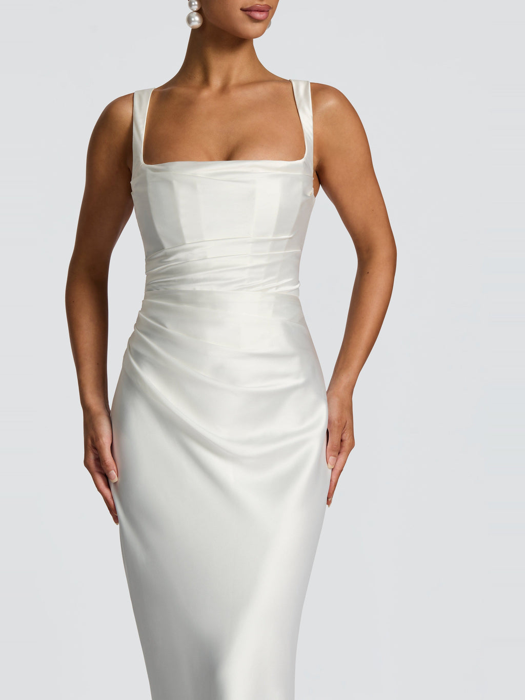 Livia Square Neck Corset Satin Maxi Dress — Svelte Chic