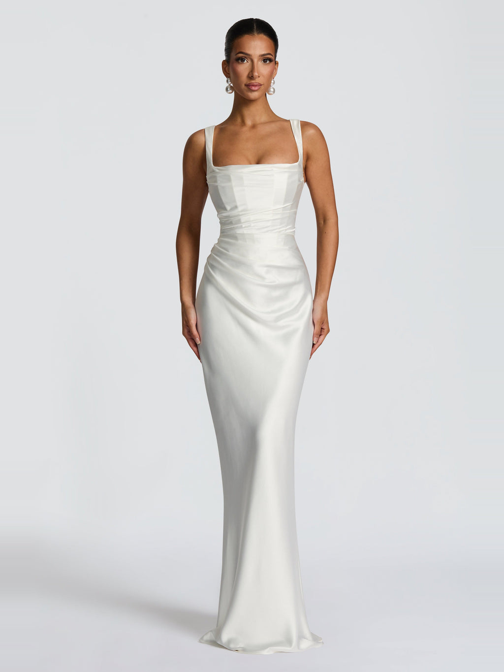 Livia Square Neck Corset Satin Maxi Dress — Svelte Chic