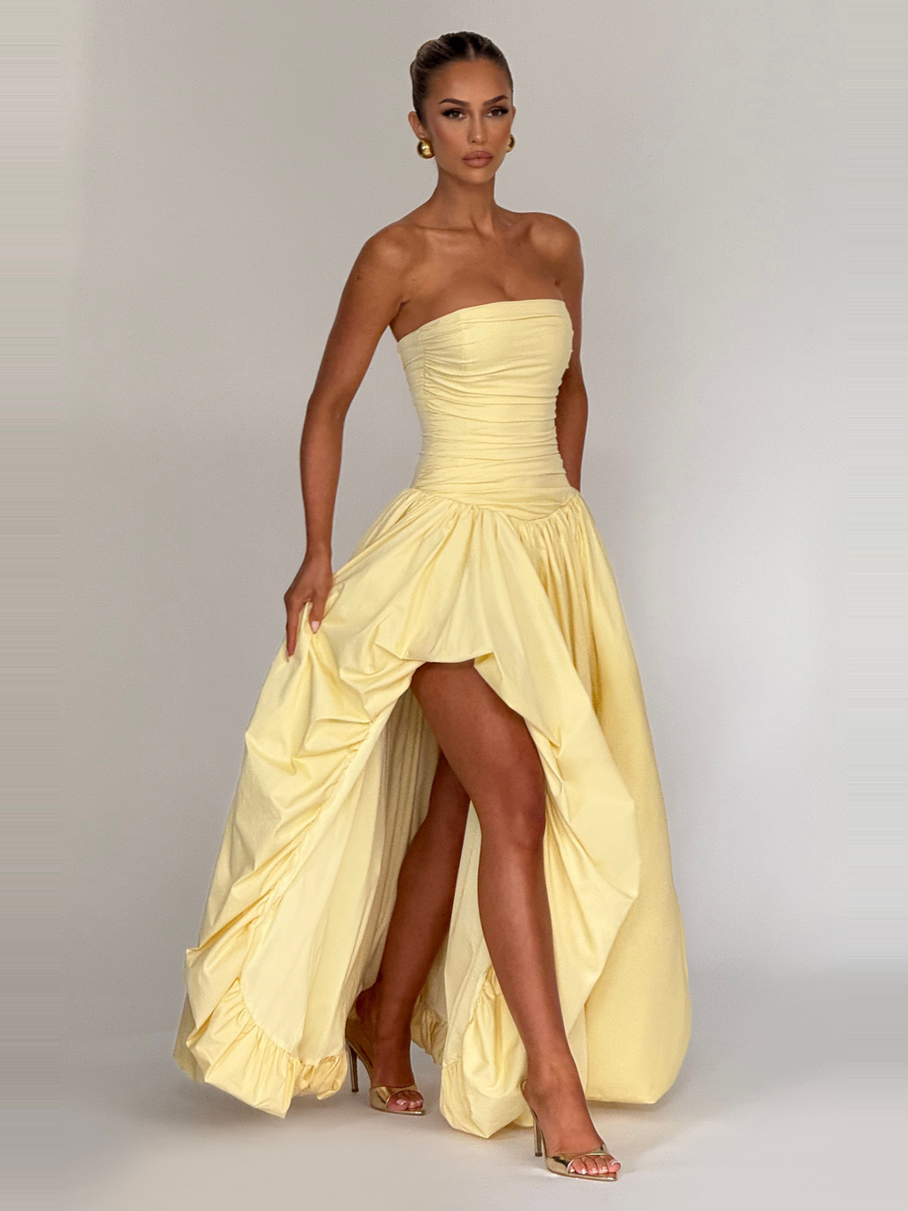 Jillian Satin Maxi Dress in Lemon Yellow — Svelte Chic