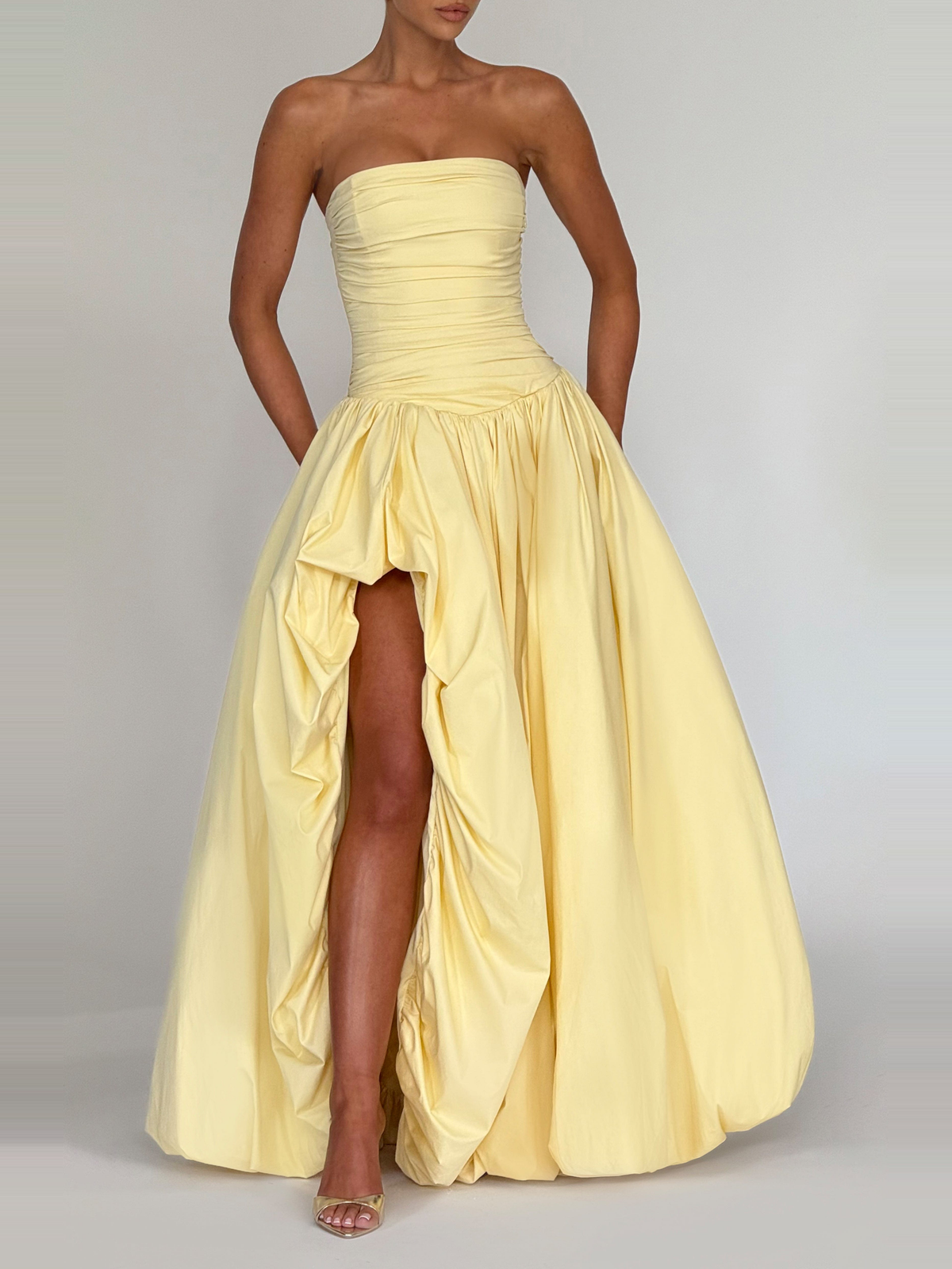 Jillian Satin Maxi Dress in Lemon Yellow — Svelte Chic