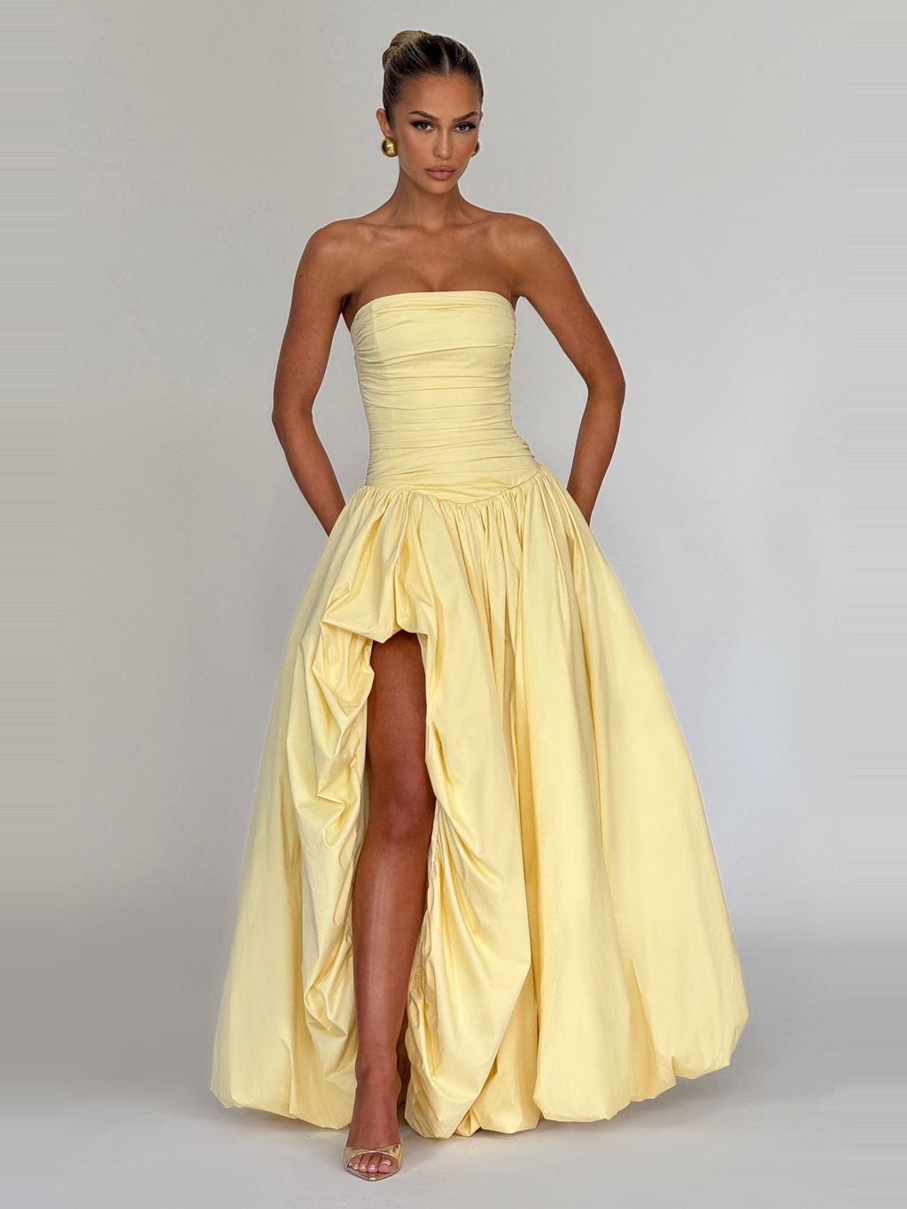 Jillian Satin Maxi Dress in Lemon Yellow — Svelte Chic