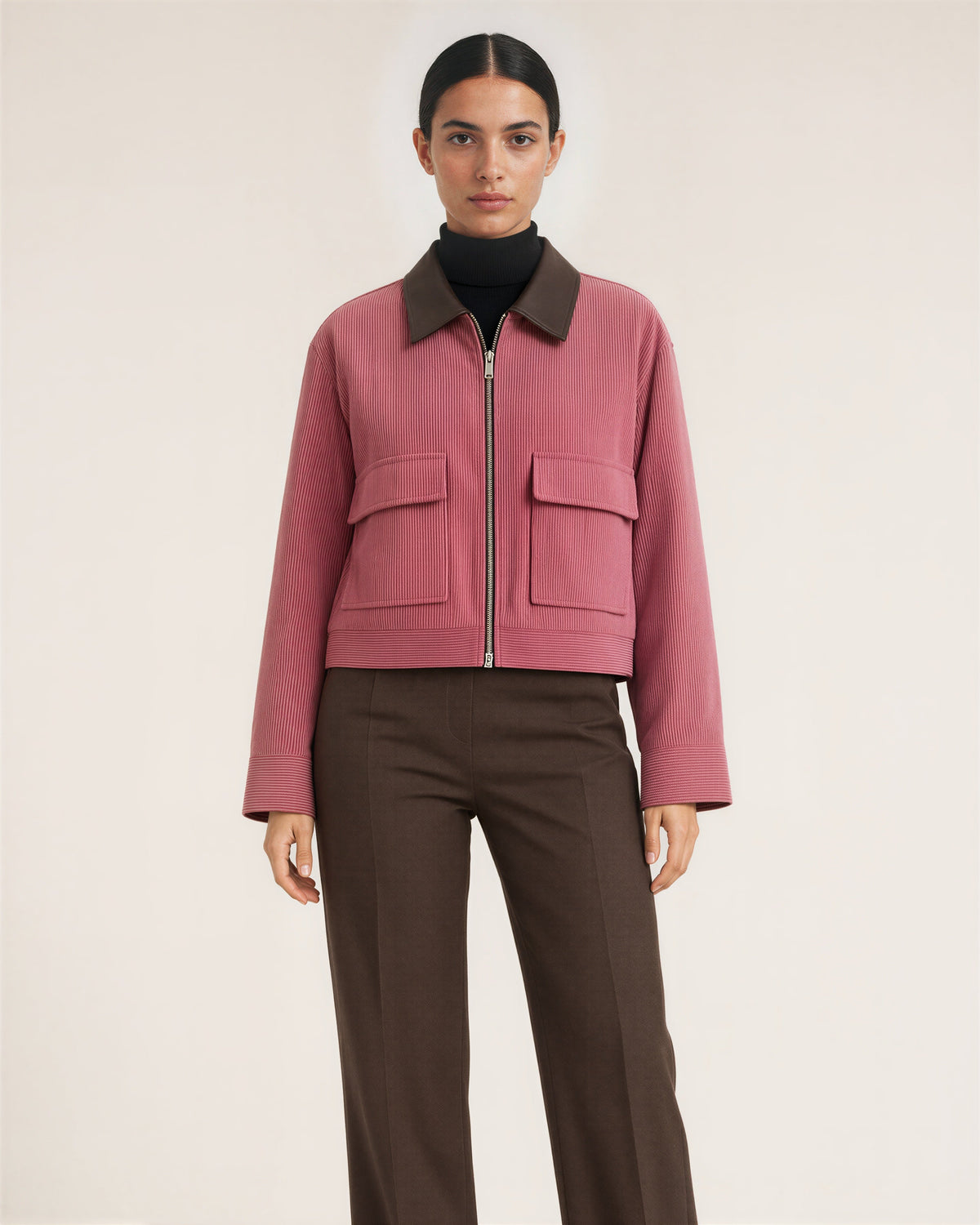 Junia Zip Front Cropped Corduroy Jacket, dusty rose, front view