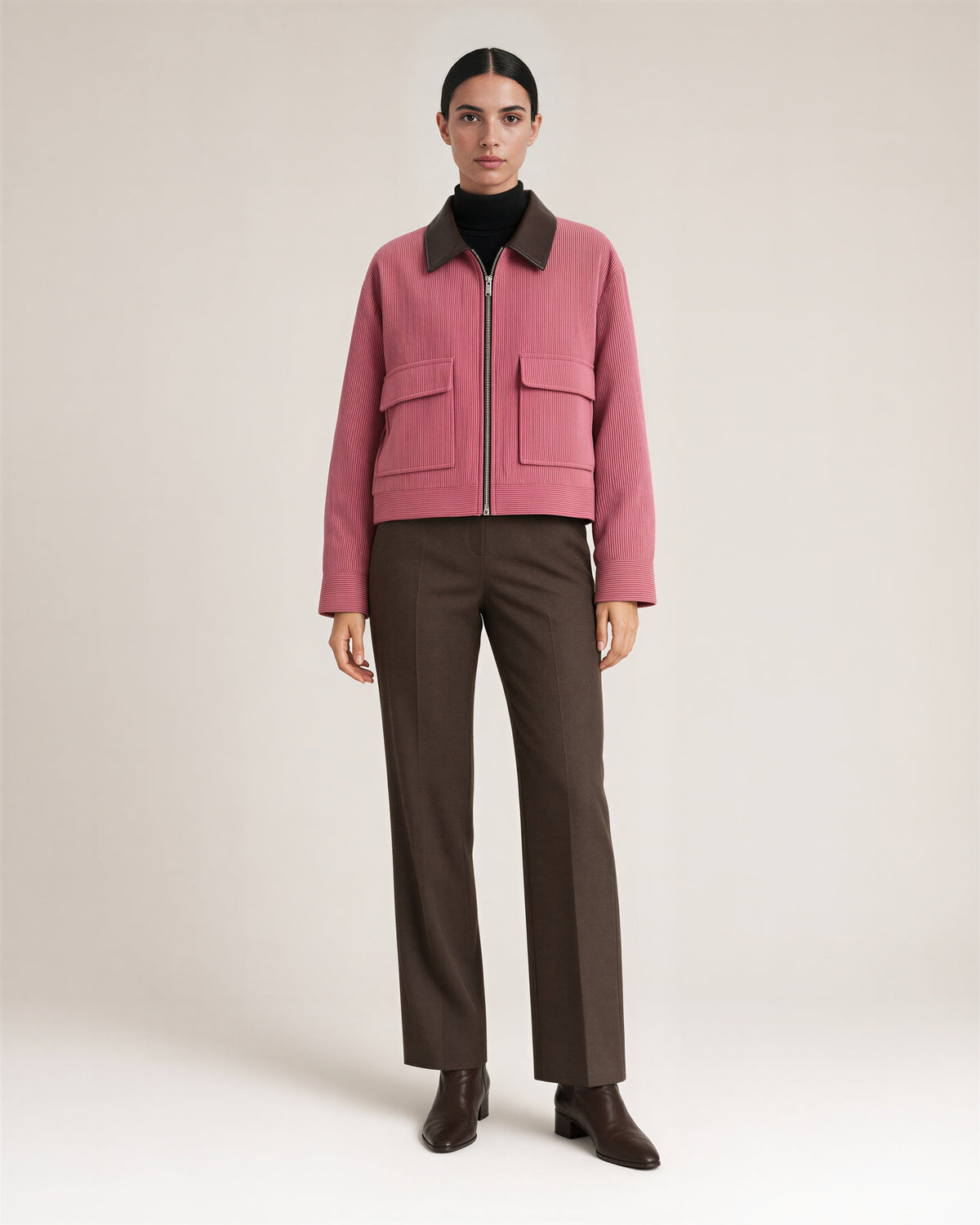 Junia Zip Front Cropped Corduroy Jacket, dusty rose, full length front view