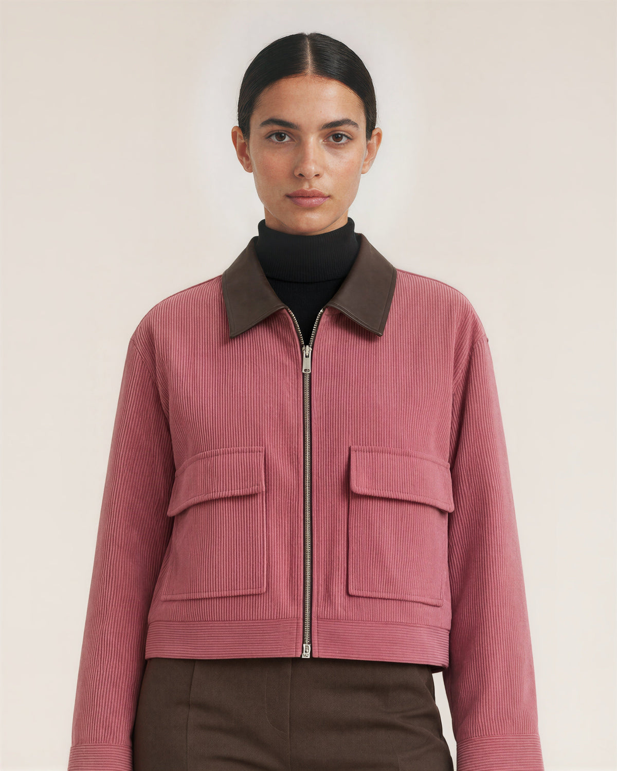 Junia Zip Front Cropped Corduroy Jacket, dusty rose, close up above the waist