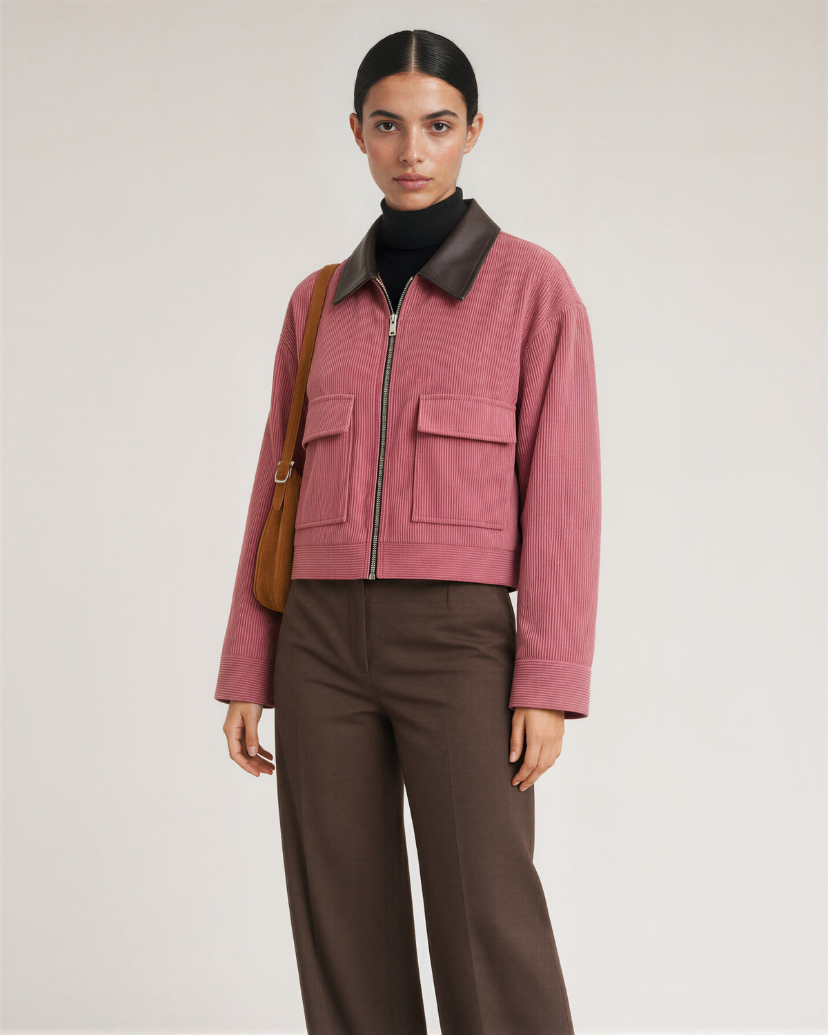 Junia Zip Front Cropped Corduroy Jacket, dusty rose, three quarter view