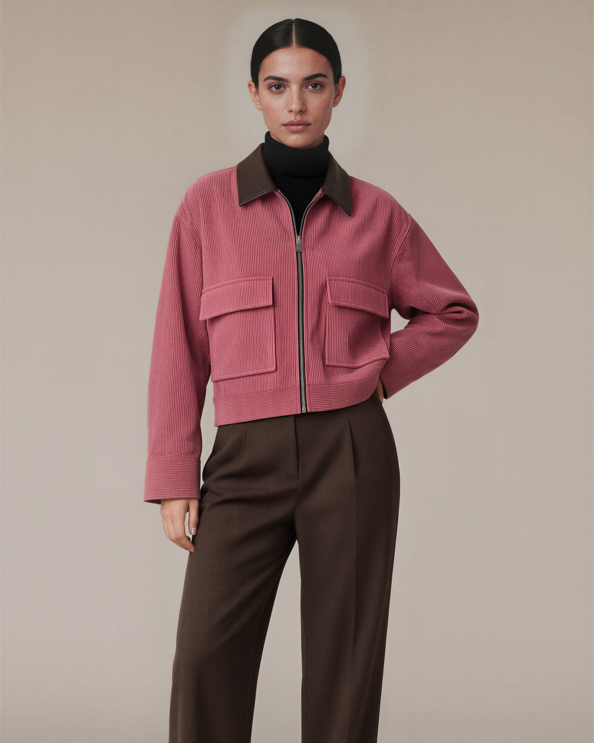 Junia Zip Front Cropped Corduroy Jacket, dusty rose, front, hands on the waist
