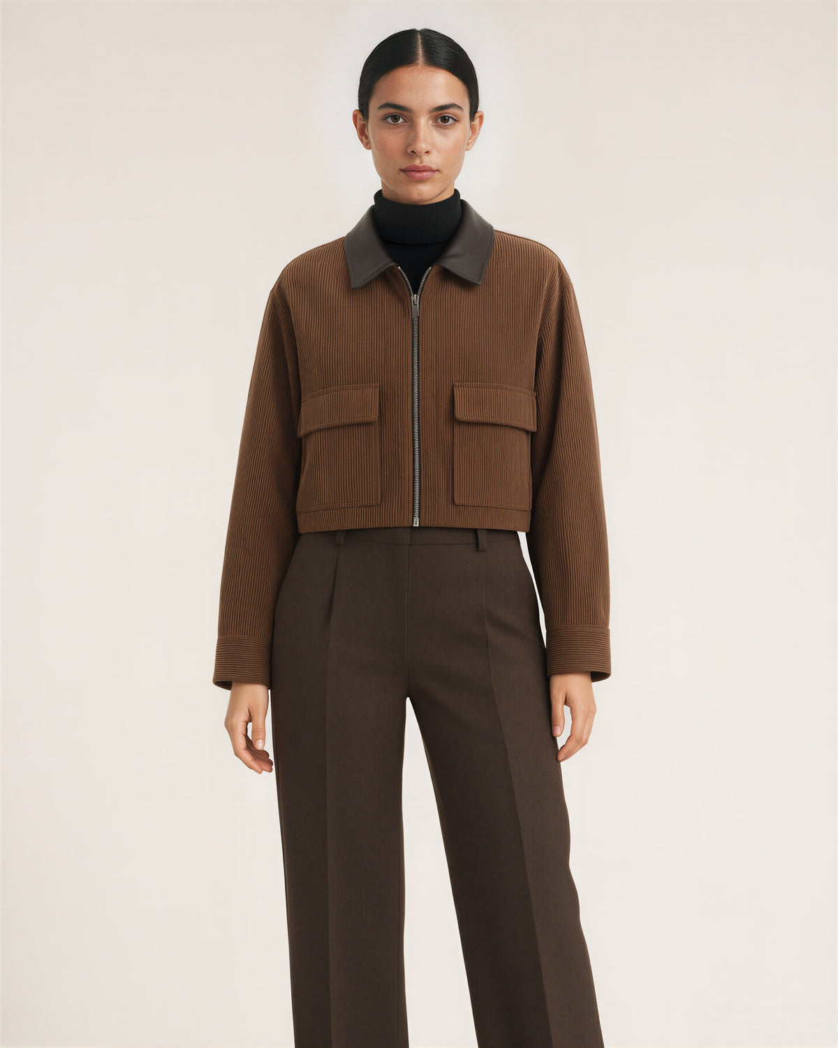 Junia Zip Front Cropped Corduroy Jacket, brown color option