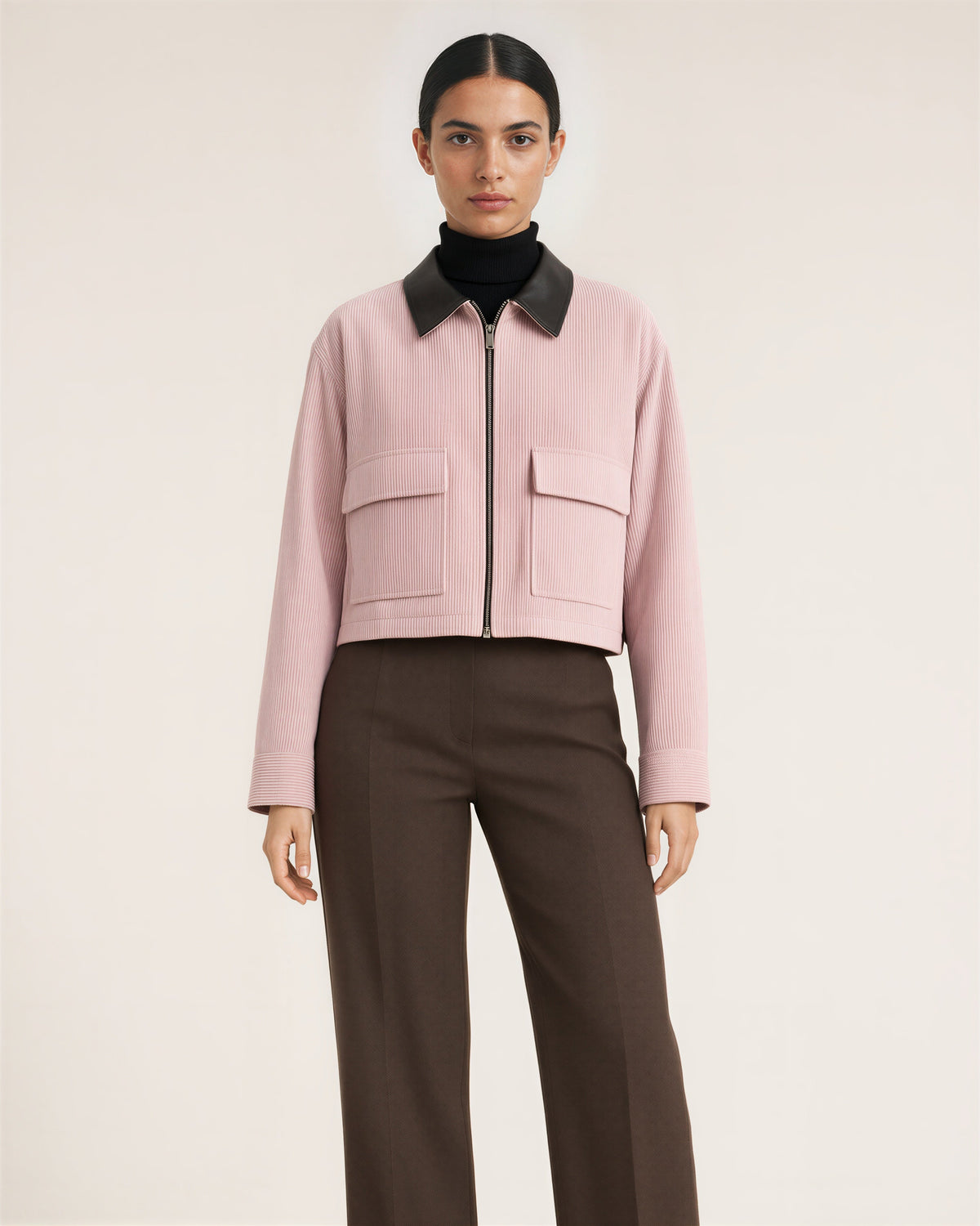 Junia Zip Front Cropped Corduroy Jacket, powder pink color option