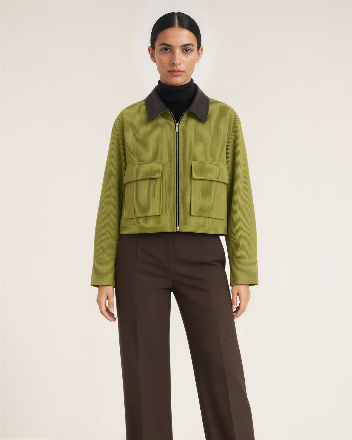 Junia Zip Front Cropped Corduroy Jacket, matcha green color option