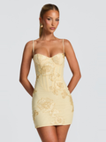 Elan Floral Appliqué Mini Dress in Yellow — Svelte Chic