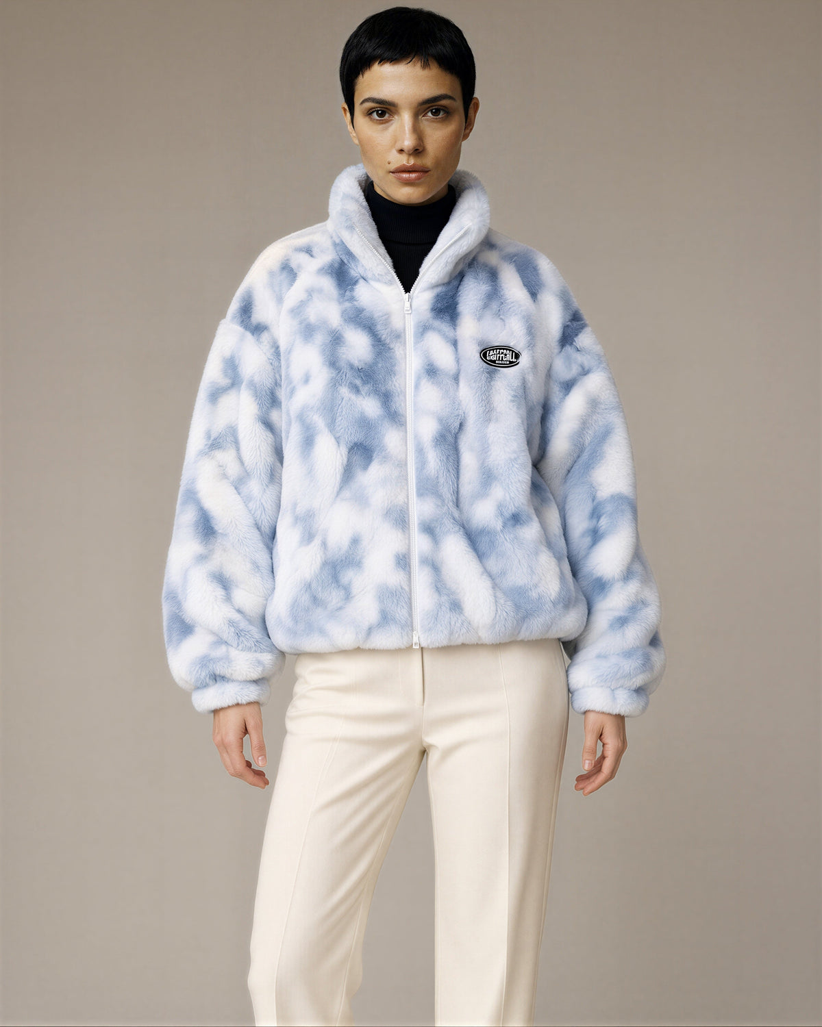 Laila Tie Dye Plush Zip Front Jacket, blue, front view