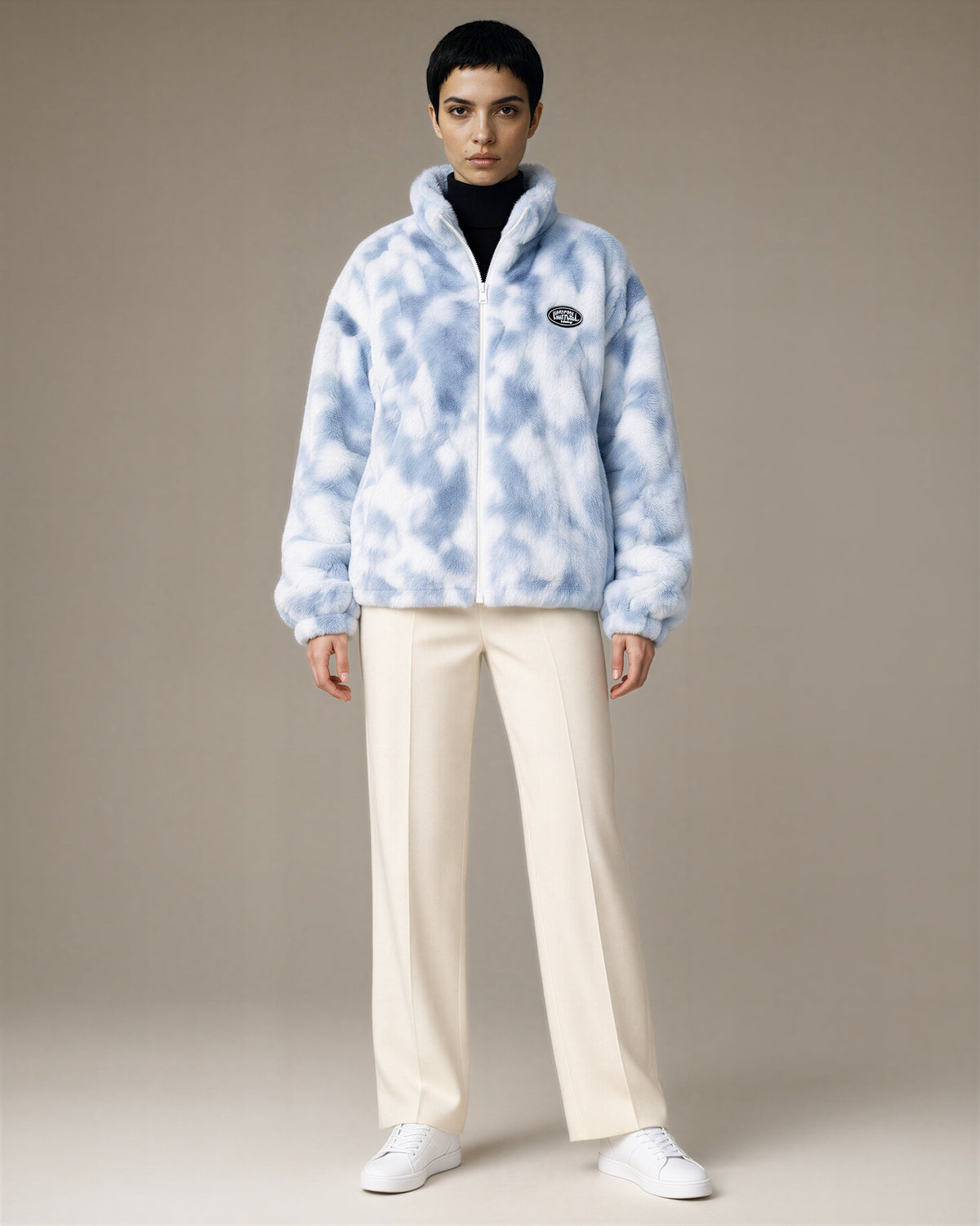 Laila Tie Dye Plush Zip Front Jacket, blue, full length front view