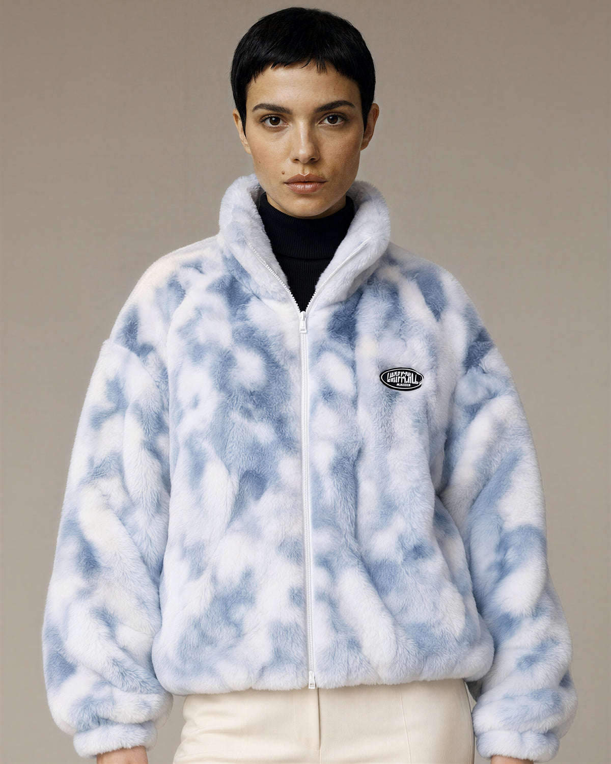 Laila Tie Dye Plush Zip Front Jacket, blue, close up above the waist