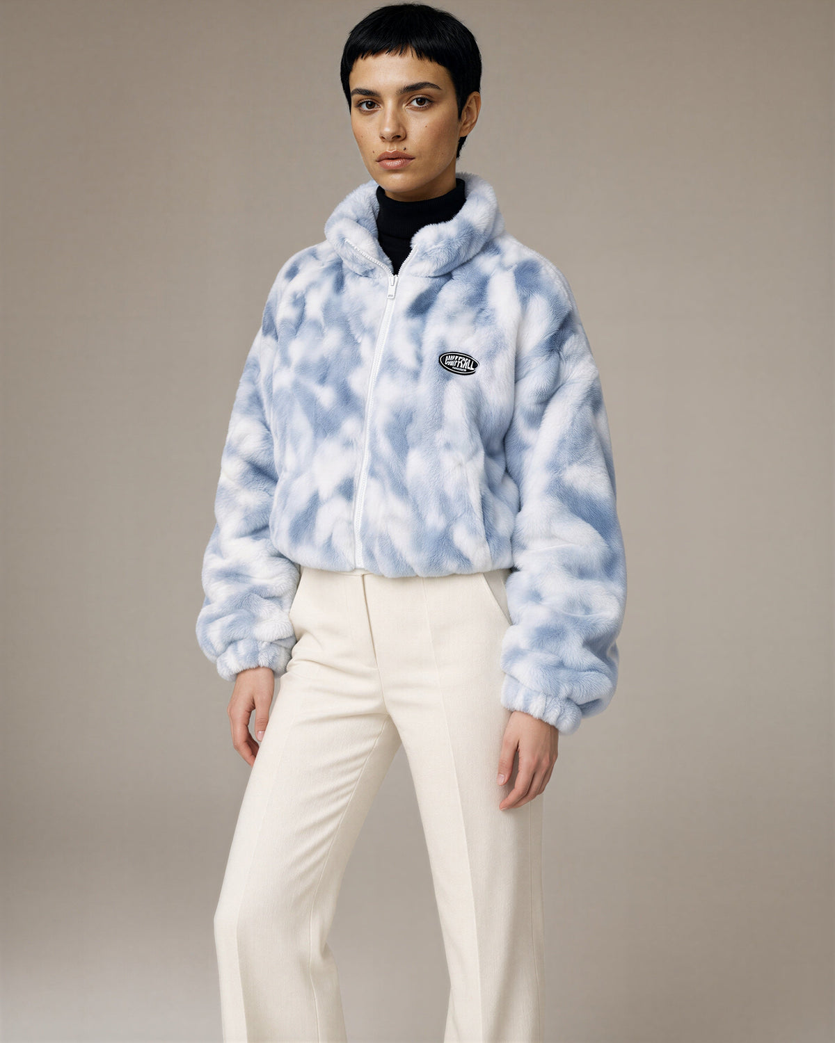 Laila Tie Dye Plush Zip Front Jacket, blue, three quarter view