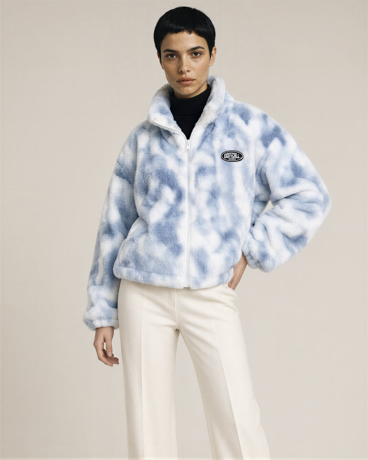 Laila Tie Dye Plush Zip Front Jacket, blue, front, hands on the waist