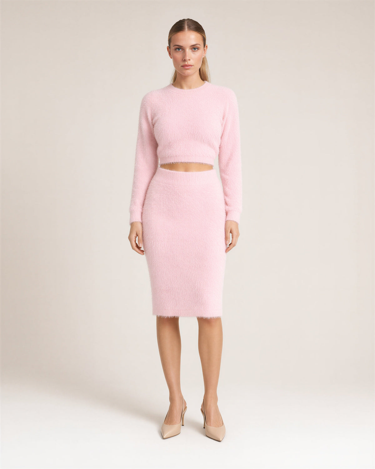 Lara Plush Cropped Sweater and Pencil Skirt Set, pink, full length front view