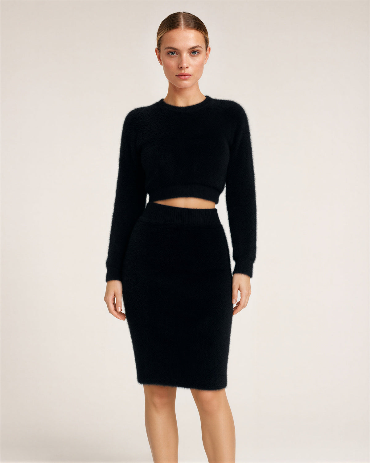 Lara Plush Cropped Sweater and Pencil Skirt Set, black color option
