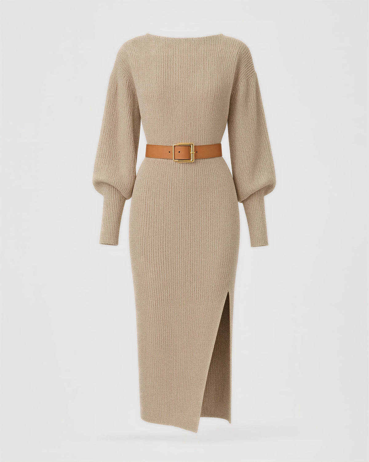 Lavina Balloon Sleeve Rib Knit Midi Dress, beige, product view without a model
