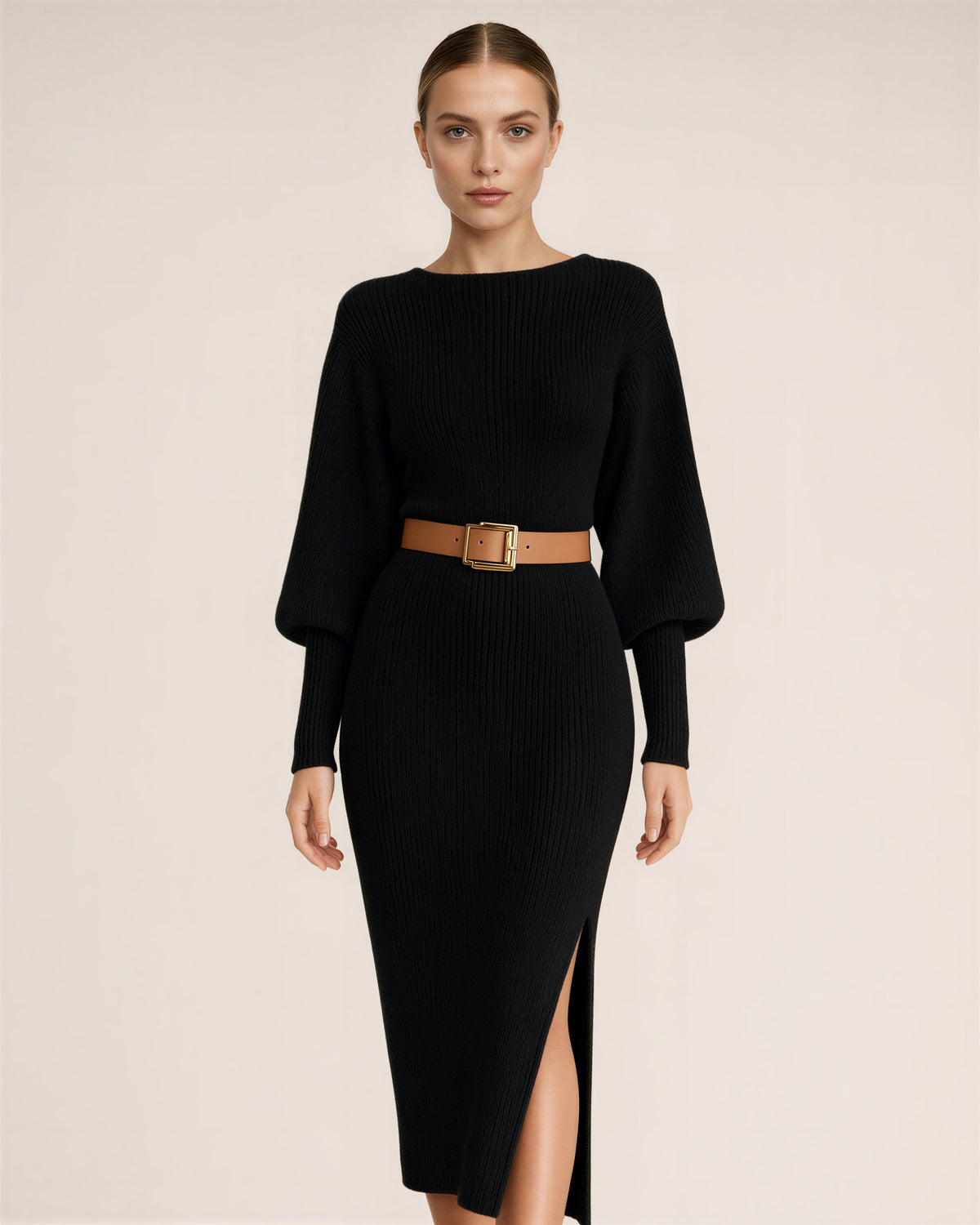 Lavina Balloon Sleeve Rib Knit Midi Dress, black color option