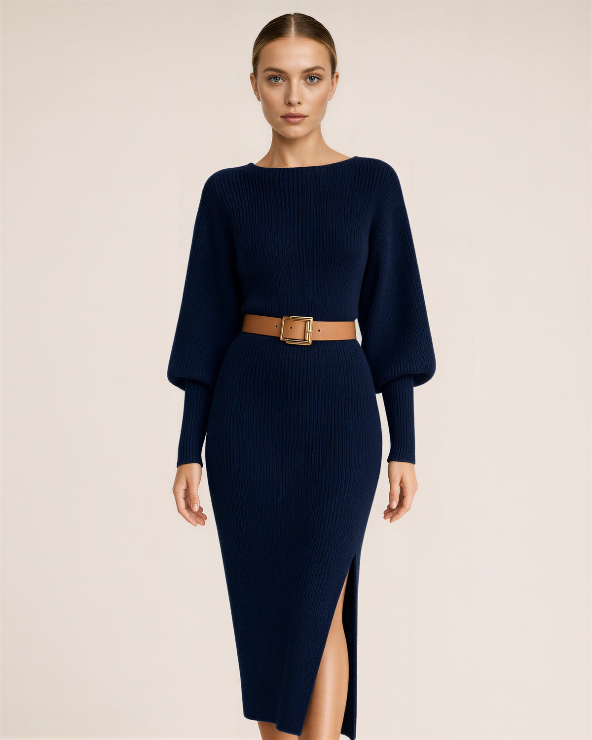 Lavina Balloon Sleeve Rib Knit Midi Dress, navy color option