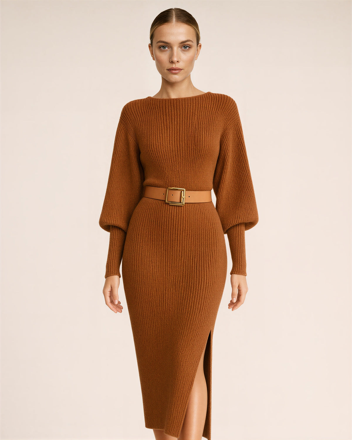 Lavina Balloon Sleeve Rib Knit Midi Dress, caramel color option