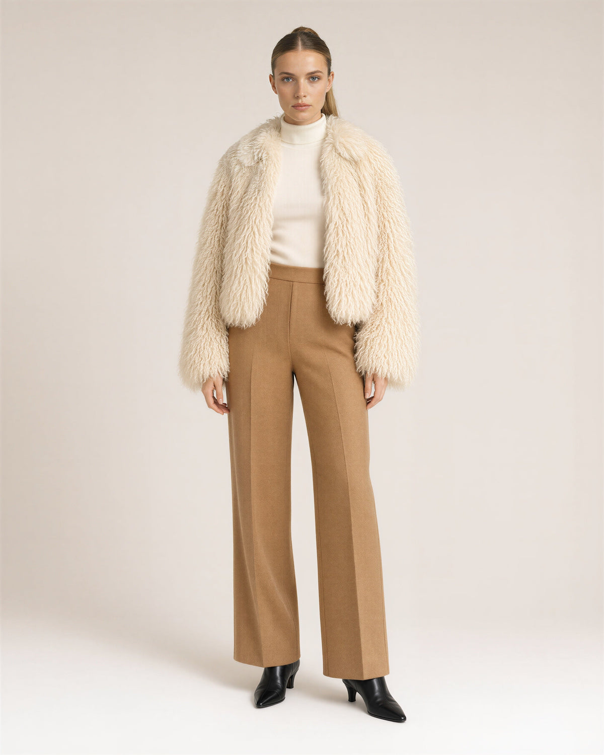 Lavinia Long Curly Pile Faux Fur Cropped Jacket, apricot cream, full length front view