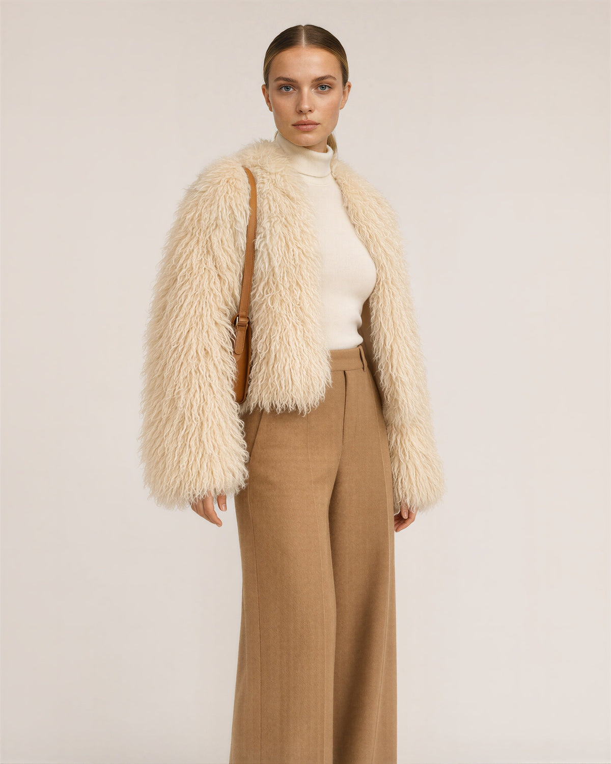 Lavinia Long Curly Pile Faux Fur Cropped Jacket, apricot cream, three quarter view
