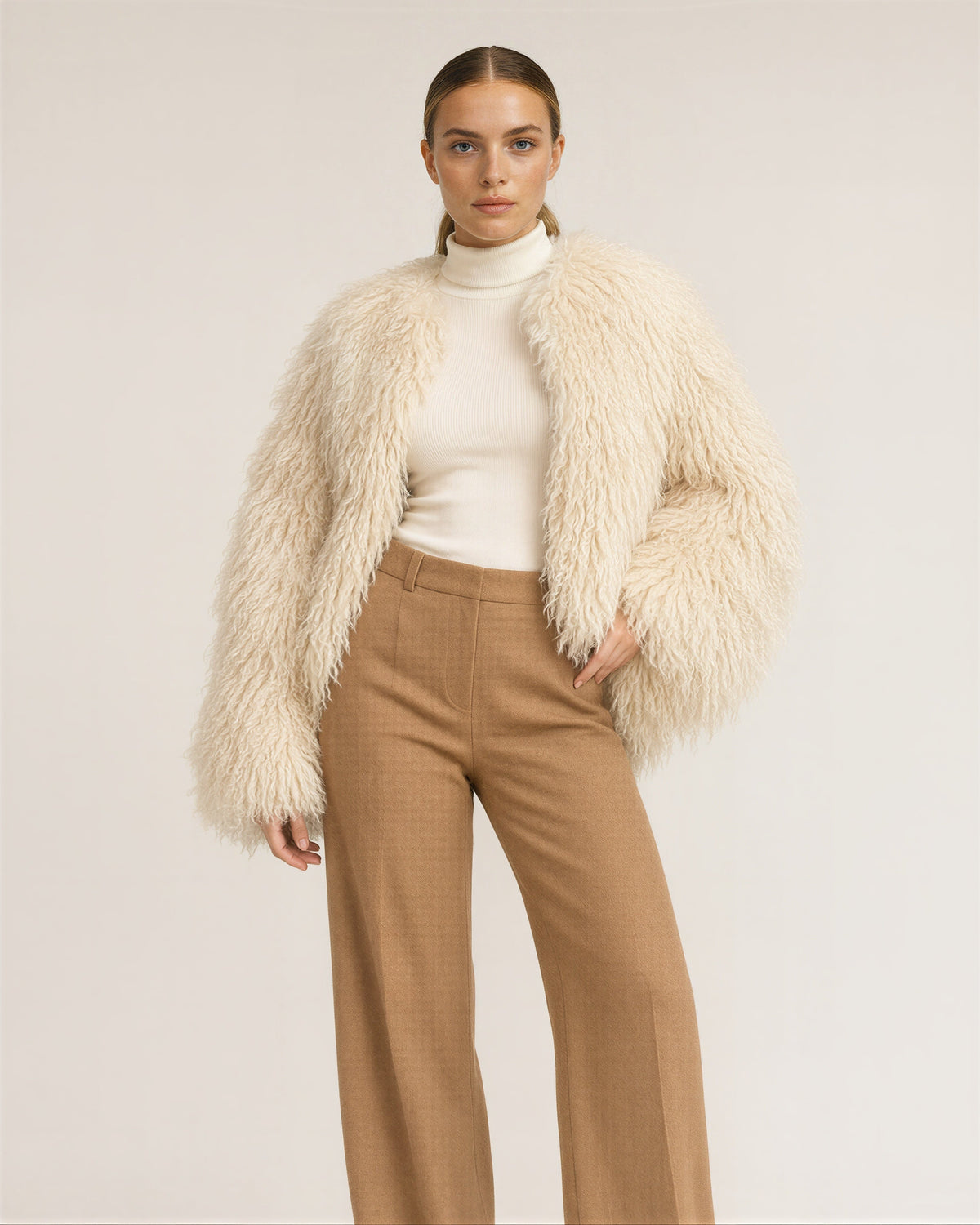 Lavinia Long Curly Pile Faux Fur Cropped Jacket, apricot cream, front, hands on the waist