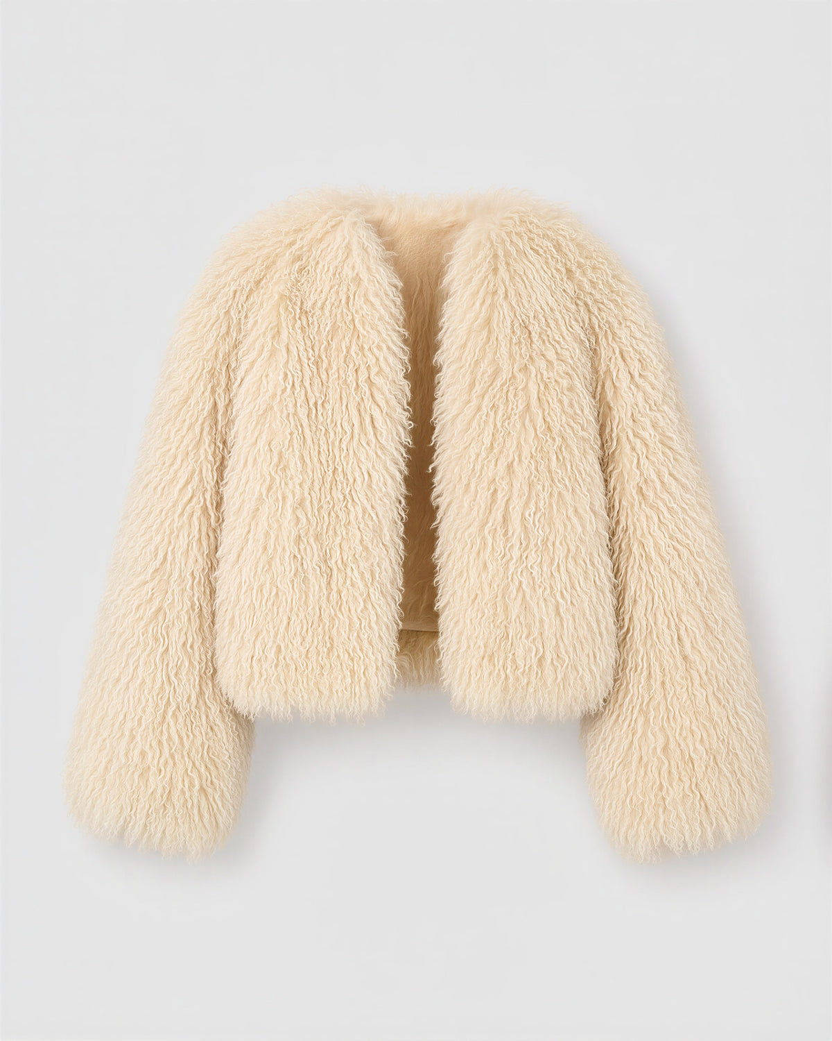 Lavinia Long Curly Pile Faux Fur Cropped Jacket, apricot cream, product view without a model