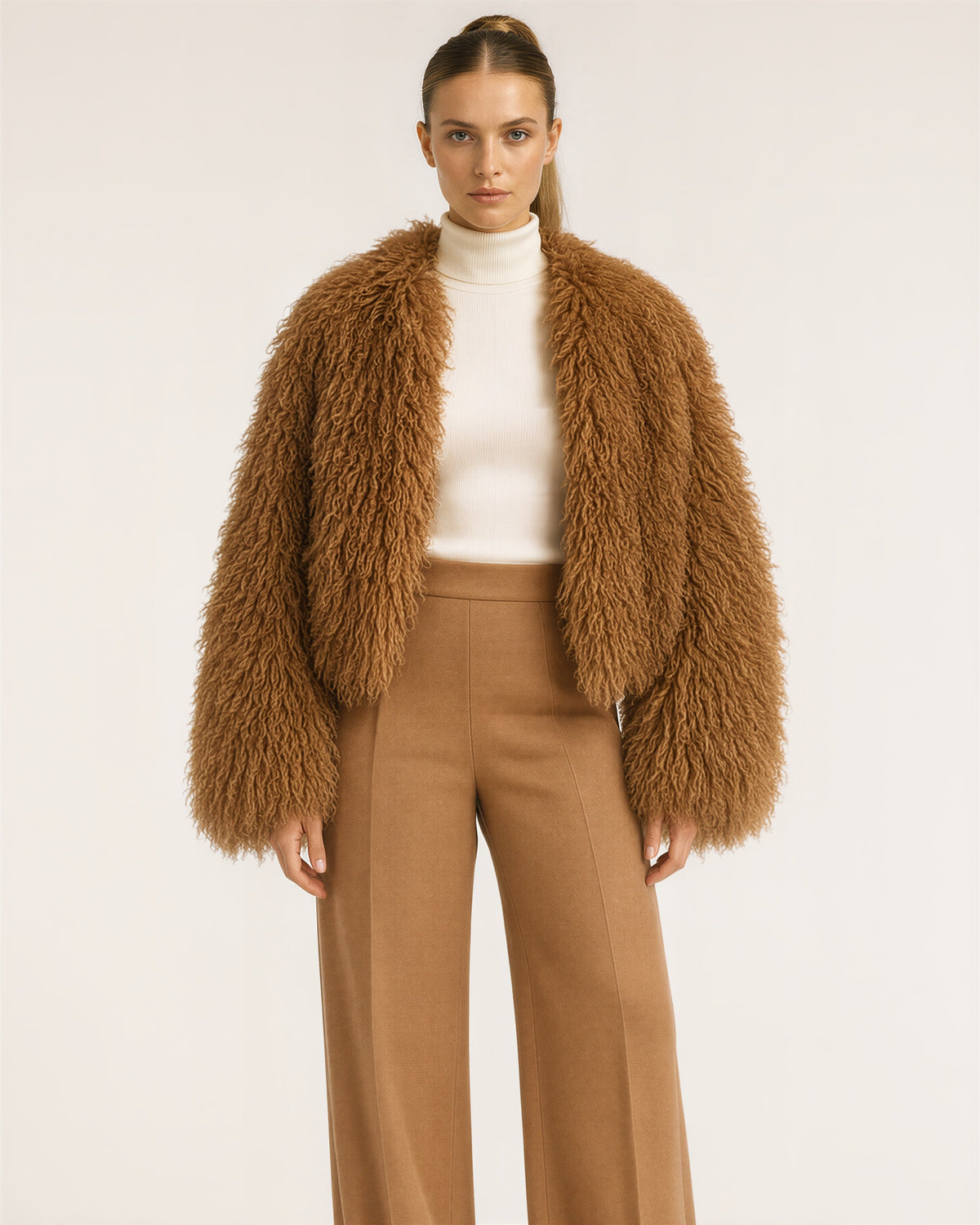 Lavinia Long Curly Pile Faux Fur Cropped Jacket, caramel brown color option