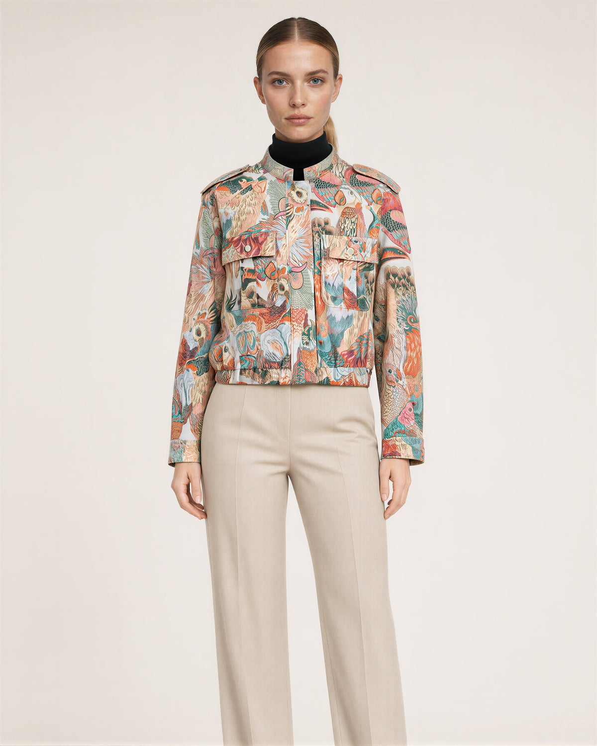 Lea Parrot Jacquard Stand Collar Cropped Jacket, multicolor, front view