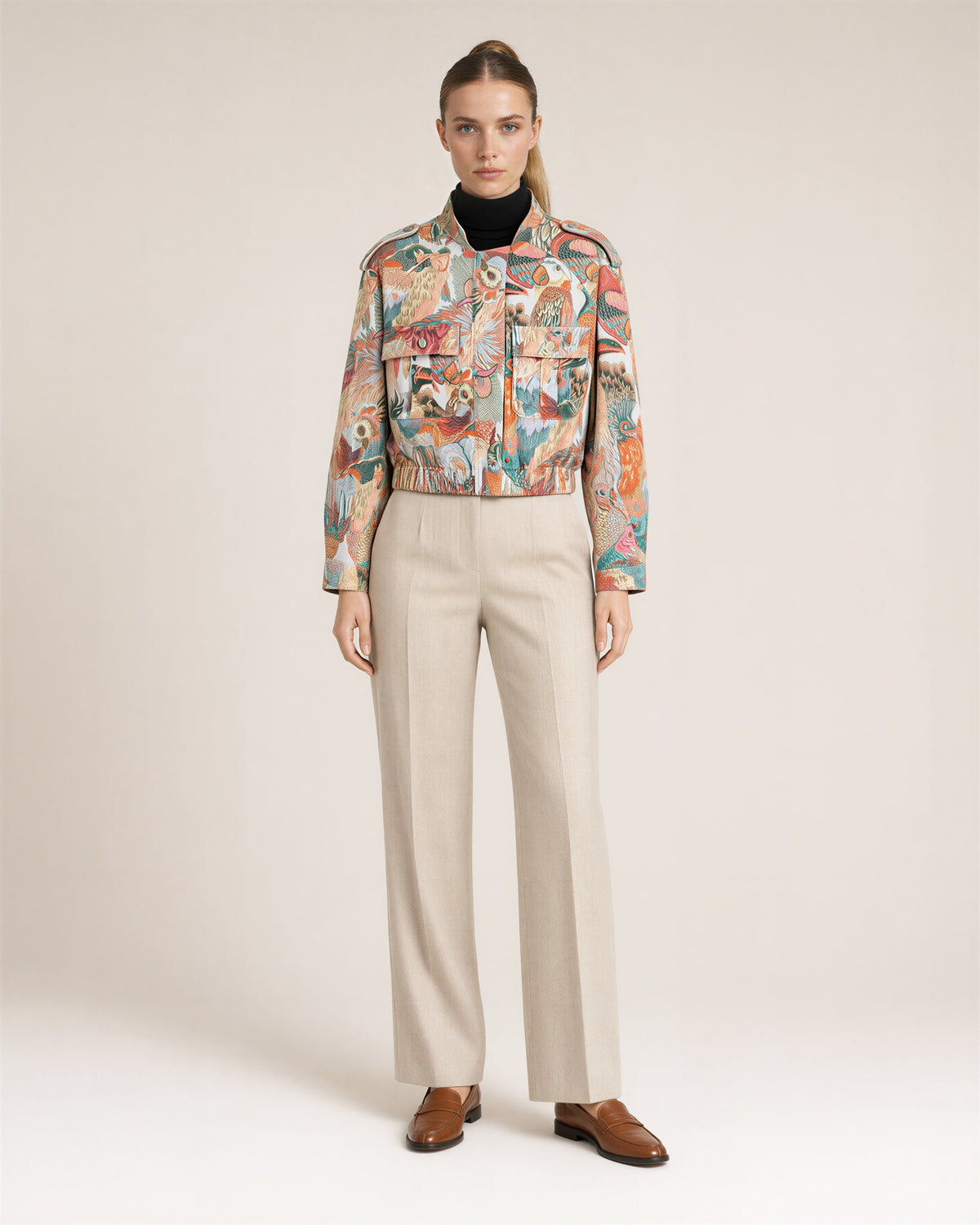 Lea Parrot Jacquard Stand Collar Cropped Jacket, multicolor, full length front view