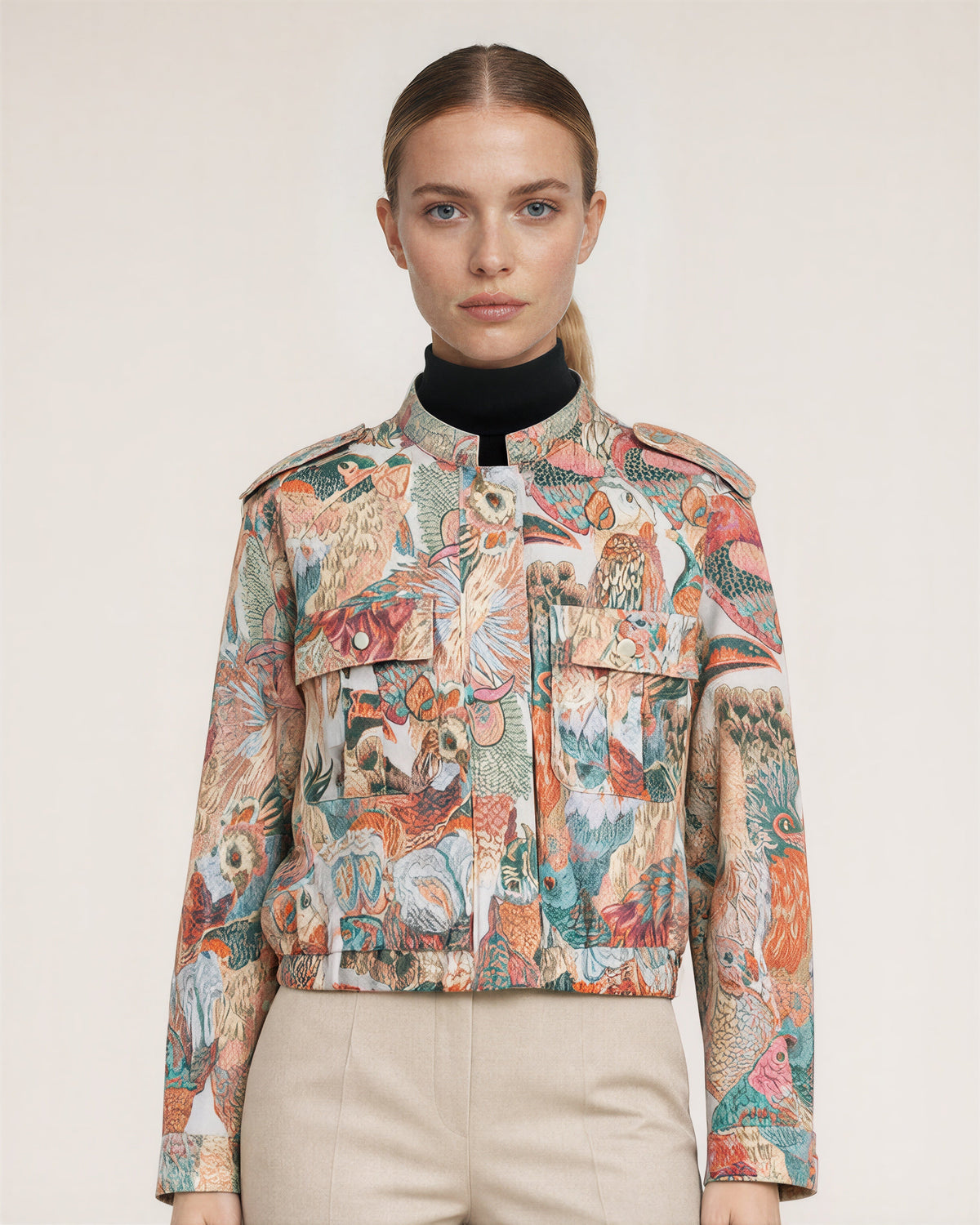 Lea Parrot Jacquard Stand Collar Cropped Jacket, multicolor, close up above the waist