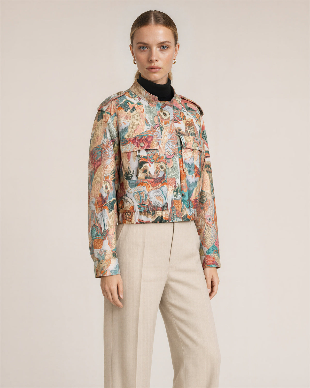 Lea Parrot Jacquard Stand Collar Cropped Jacket, multicolor, three quarter view