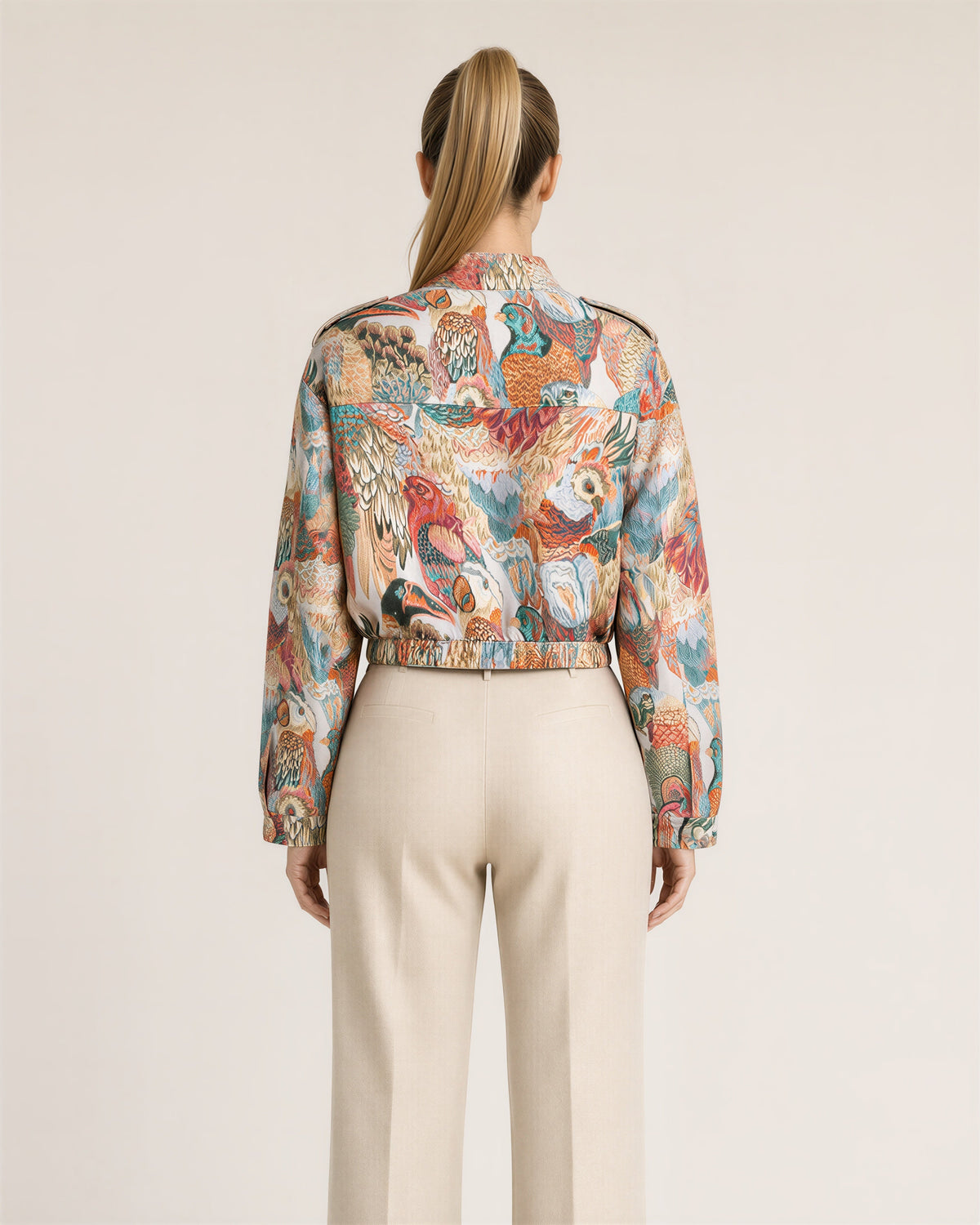 Lea Parrot Jacquard Stand Collar Cropped Jacket, multicolor, back view