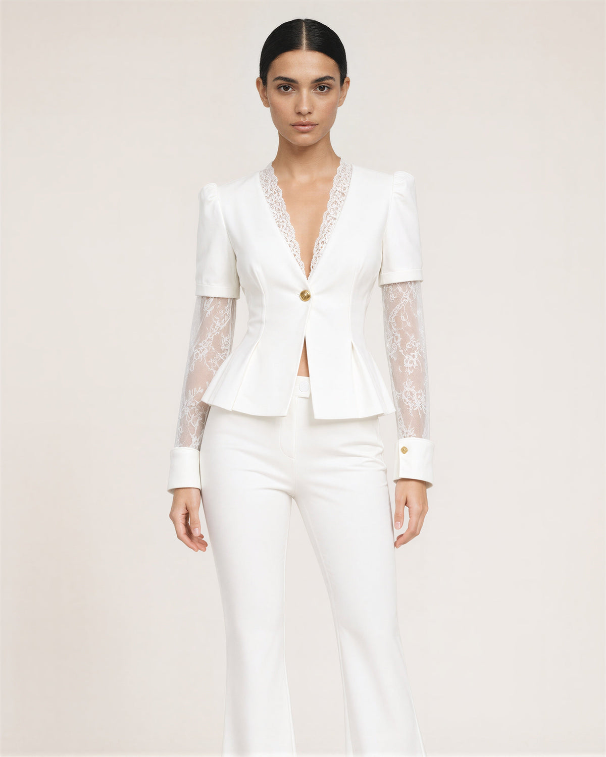 Leandra Lace Sleeve Blazer and Trouser Set, white, front view