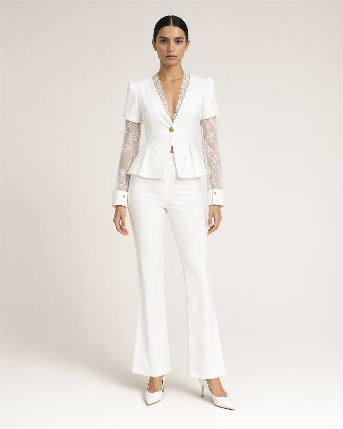 Leandra Lace Sleeve Blazer and Trouser Set, white, full length front view