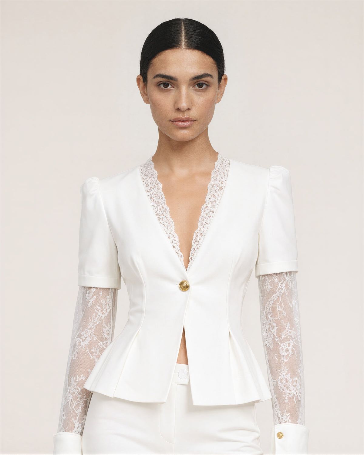 Leandra Lace Sleeve Blazer and Trouser Set, white, close up above the waist