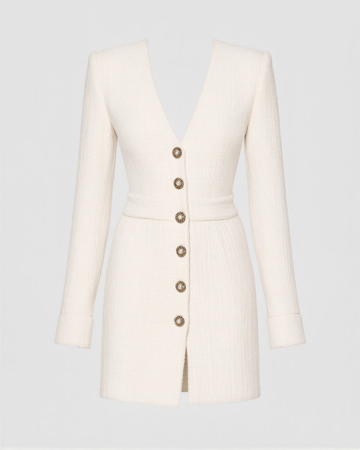 Leonora Gold Button V Neck Tweed Mini Dress, ecru, product view without a model