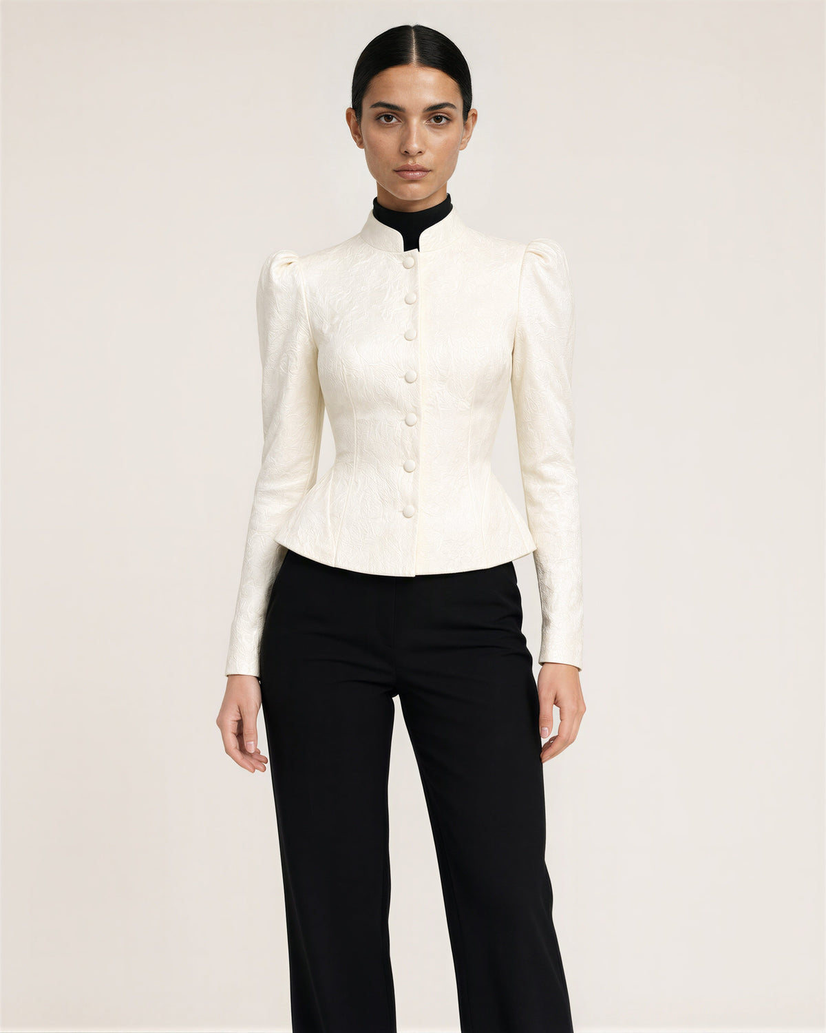 Letizia Mandarin Collar Jacquard Peplum Jacket, cream, front view