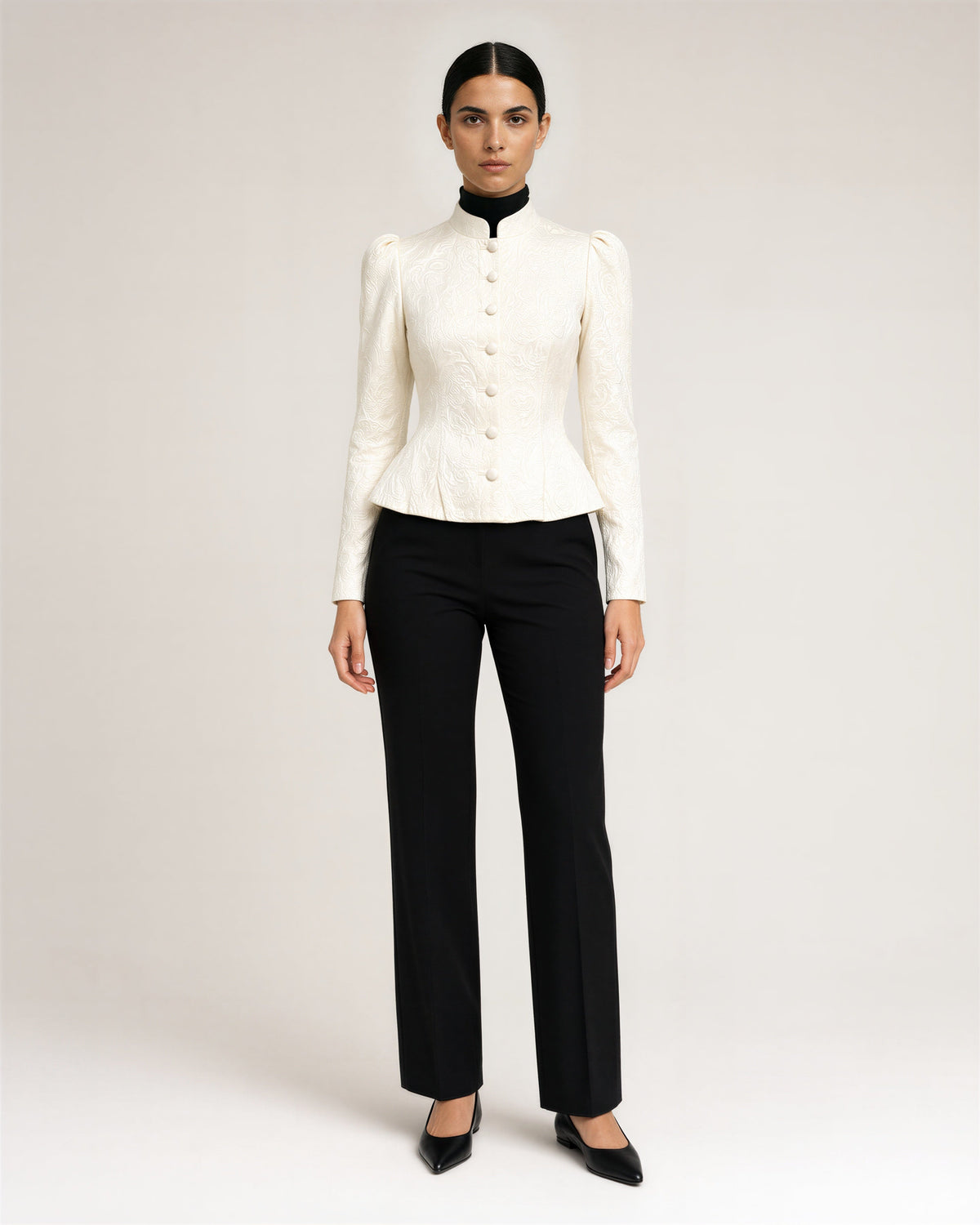 Letizia Mandarin Collar Jacquard Peplum Jacket, cream, full length front view