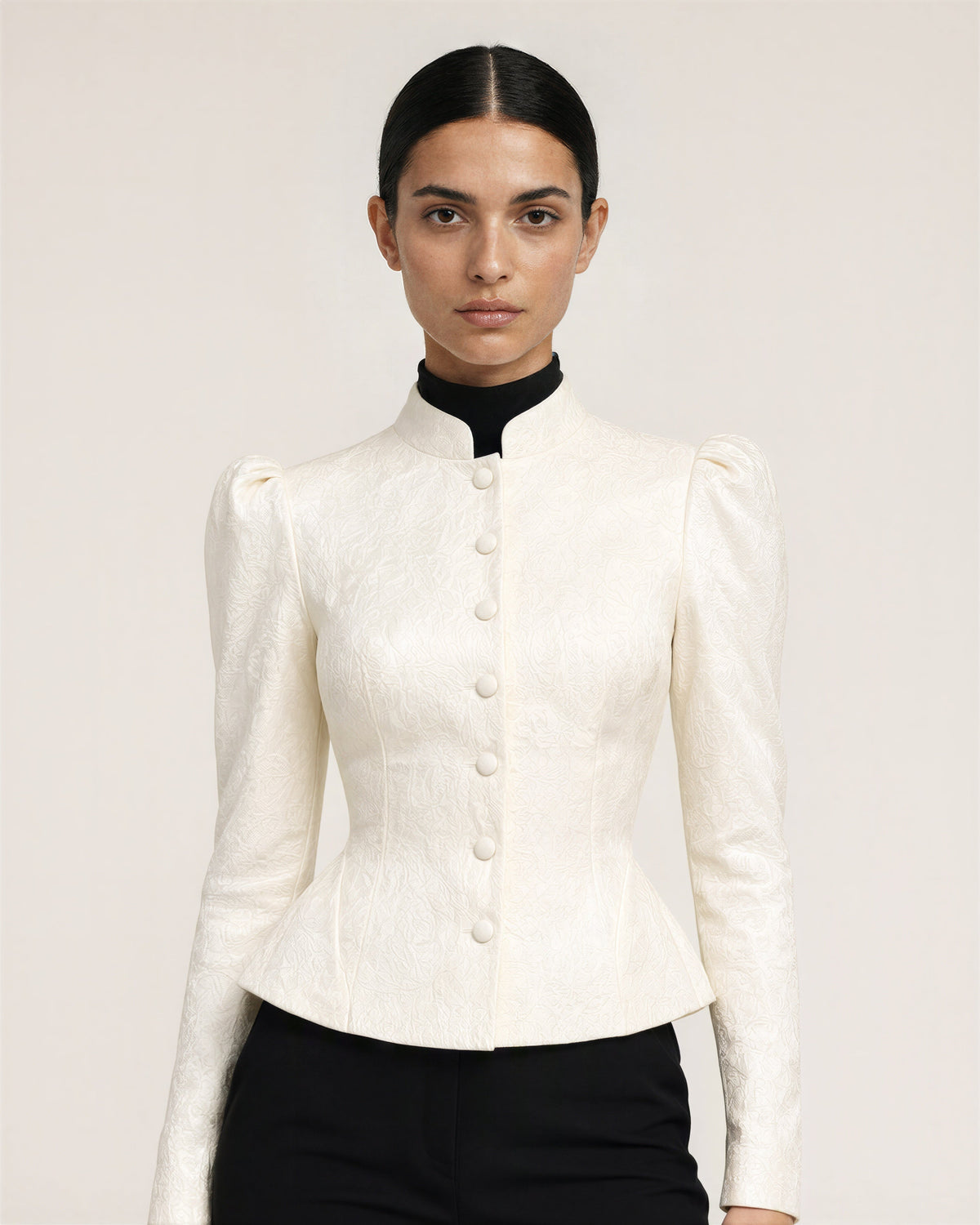 Letizia Mandarin Collar Jacquard Peplum Jacket, cream, close up above the waist