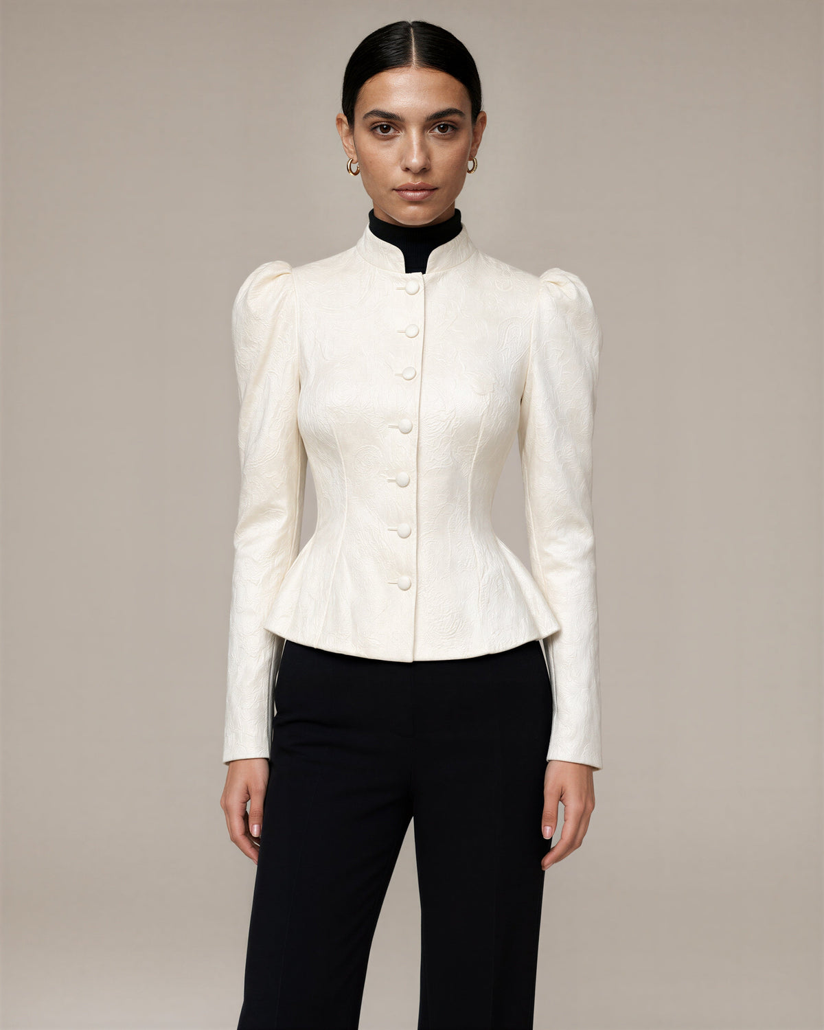 Letizia Mandarin Collar Jacquard Peplum Jacket, cream, three quarter view