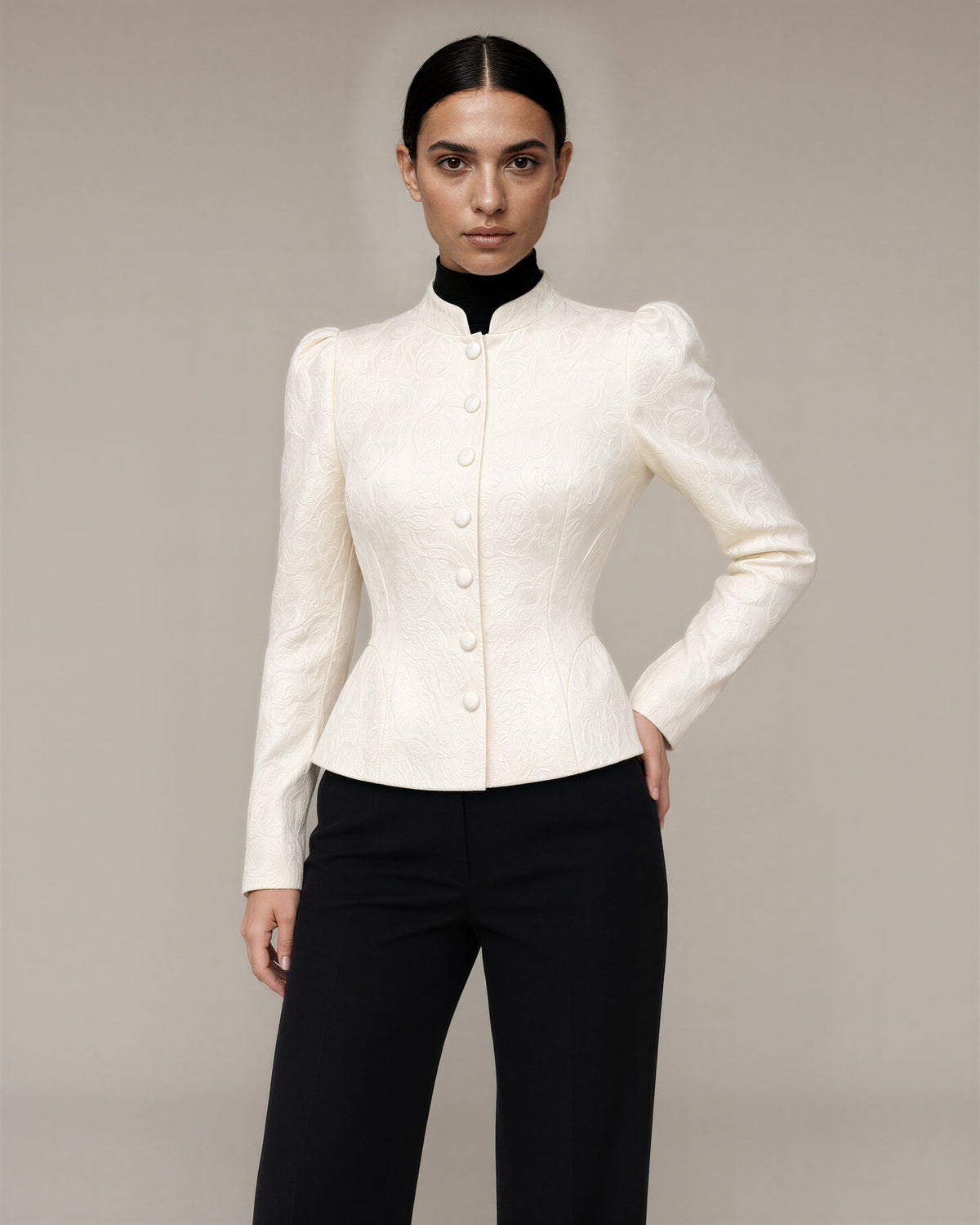 Letizia Mandarin Collar Jacquard Peplum Jacket, cream, front, hands on the waist