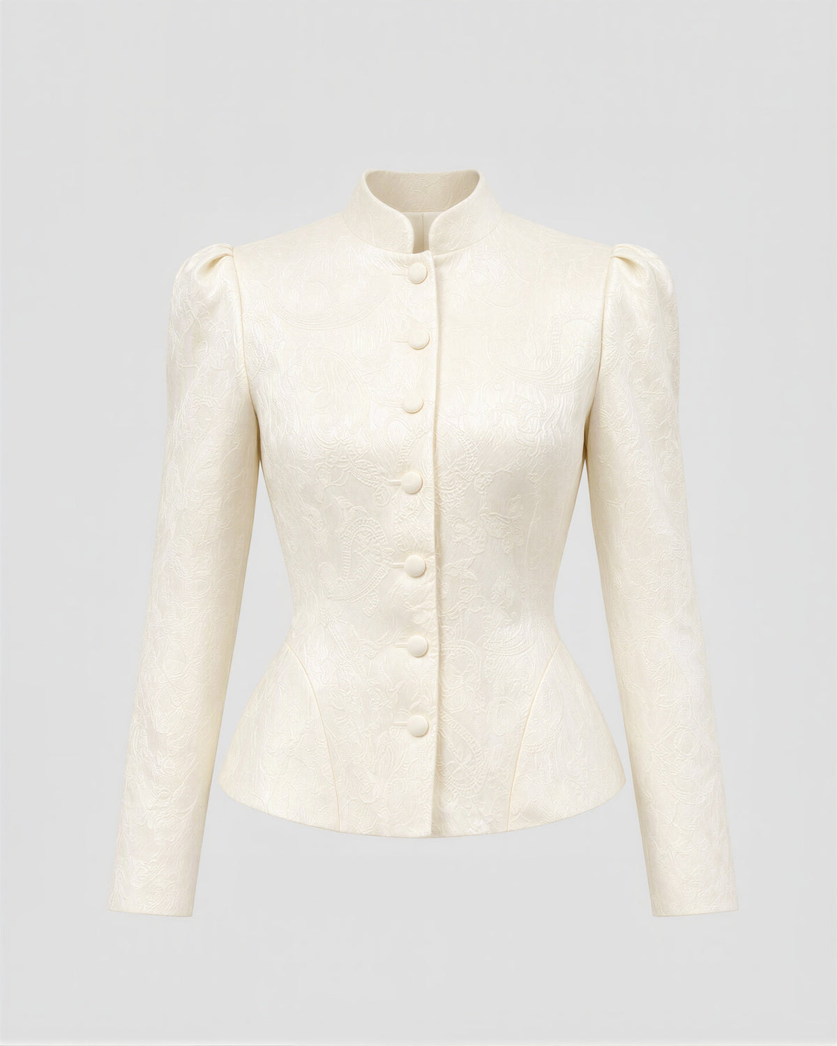 Letizia Mandarin Collar Jacquard Peplum Jacket, cream, product view without a model