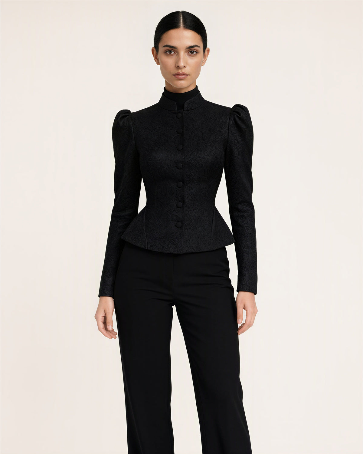 Letizia Mandarin Collar Jacquard Peplum Jacket, black color option