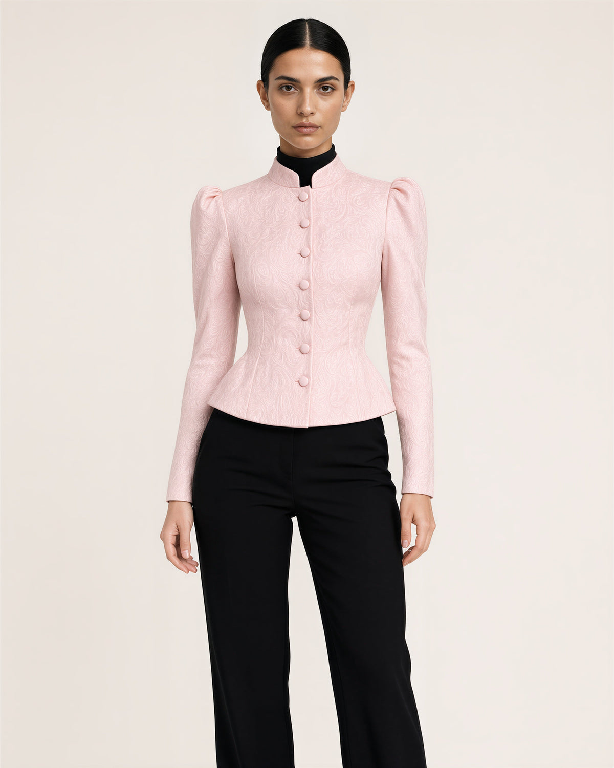 Letizia Mandarin Collar Jacquard Peplum Jacket, powder pink color option