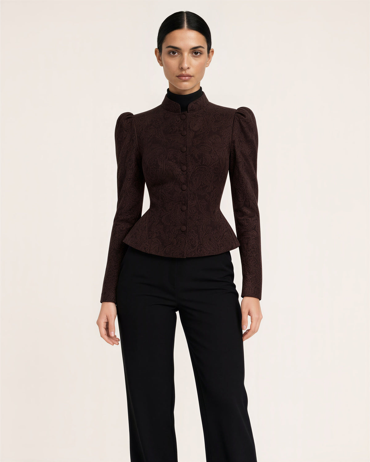 Letizia Mandarin Collar Jacquard Peplum Jacket, dark brown color option